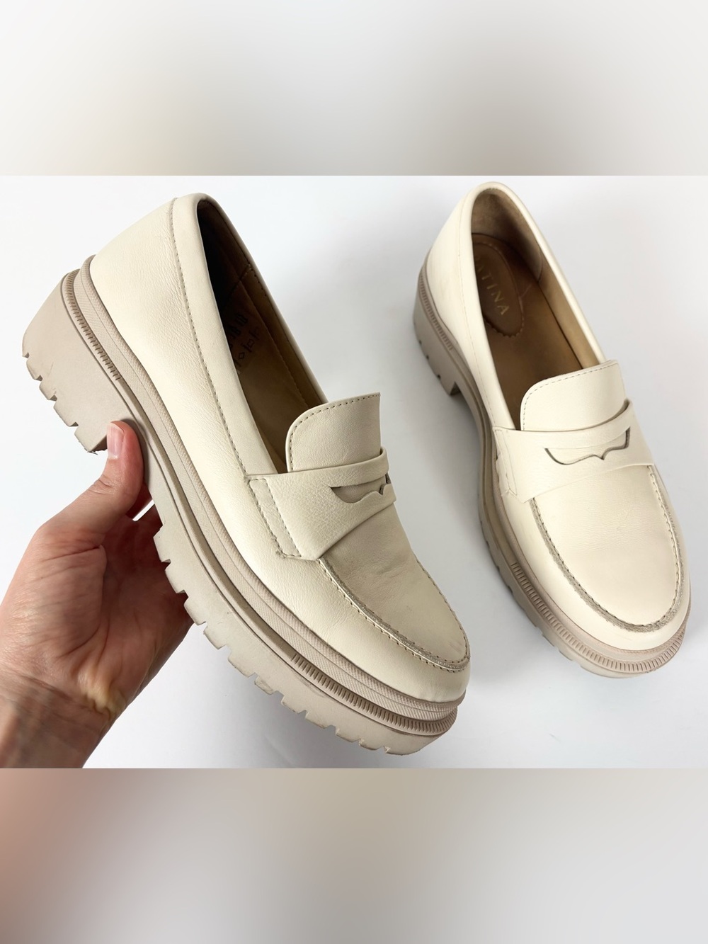 Patina‎ Zoe Bone White Leather Chunky Lug Sole Slip On Penny Loafers